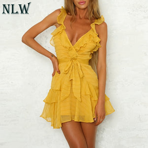 NLW Deep V Neck Yellow Sexy Dress Ruffle Bow Women Dress Green Solid Casual Bohemian Beach Dress Vestidos