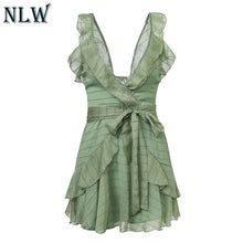 Load image into Gallery viewer, NLW Deep V Neck Yellow Sexy Dress Ruffle Bow Women Dress Green Solid Casual Bohemian Beach Dress Vestidos