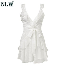 Load image into Gallery viewer, NLW Deep V Neck Yellow Sexy Dress Ruffle Bow Women Dress Green Solid Casual Bohemian Beach Dress Vestidos