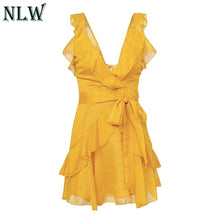 Load image into Gallery viewer, NLW Deep V Neck Yellow Sexy Dress Ruffle Bow Women Dress Green Solid Casual Bohemian Beach Dress Vestidos