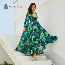 Load image into Gallery viewer, Vintacy Long Sleeve Dress Green Tropical Beach Vintage Maxi Dresses Boho Casual V Neck Belt Lace Up Tunic Draped Plus Size Dress