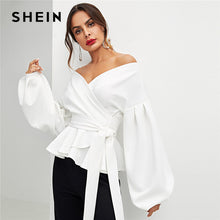 Load image into Gallery viewer, SHEIN White Office Lady Elegant Lantern Sleeve Surplice Peplum Off the Shoulder Solid Blouse Autumn Sexy Women Tops And Blouses