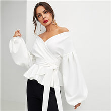 Load image into Gallery viewer, SHEIN White Office Lady Elegant Lantern Sleeve Surplice Peplum Off the Shoulder Solid Blouse Autumn Sexy Women Tops And Blouses