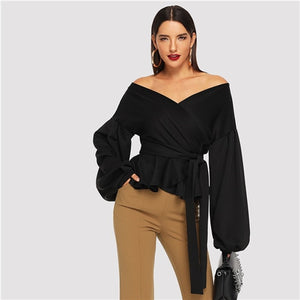 SHEIN White Office Lady Elegant Lantern Sleeve Surplice Peplum Off the Shoulder Solid Blouse Autumn Sexy Women Tops And Blouses