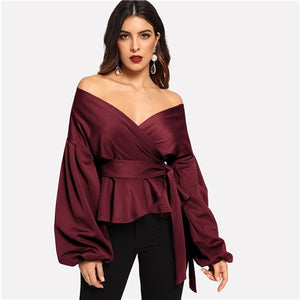 SHEIN White Office Lady Elegant Lantern Sleeve Surplice Peplum Off the Shoulder Solid Blouse Autumn Sexy Women Tops And Blouses